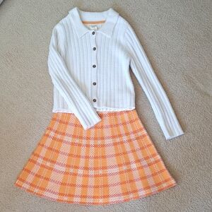 Kids' Chic Ribbed Cardigan and Plaid Skirt Set